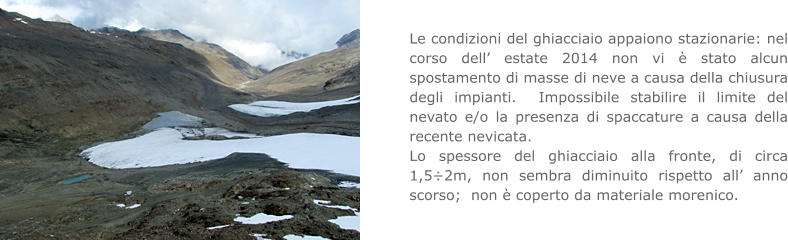 Le condizioni del ghiacciaio appaiono stazionarie: nel corso dell’ estate 2014 non vi è stato alcun spostamento di masse di neve a causa della chiusura degli impianti.  Impossibile stabilire il limite del nevato e/o la presenza di spaccature a causa della recente nevicata. Lo spessore del ghiacciaio alla fronte, di circa 1,5÷2m, non sembra diminuito rispetto all’ anno scorso;  non è coperto da materiale morenico.
